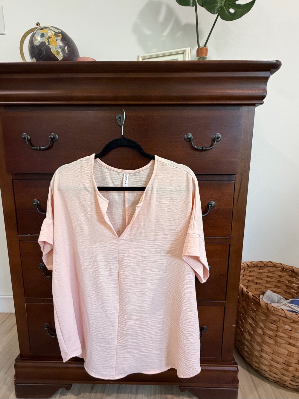 Zenana Outfitters Relaxed V-Neck Blouse - Light Pink